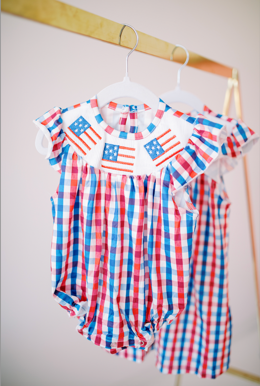 4th Of July American Flag Gingham Smocked Rompers and Dresses