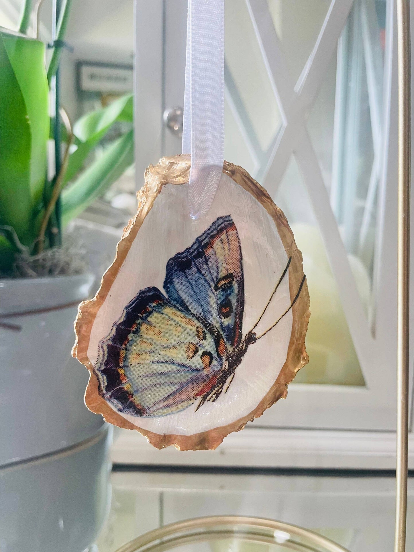 Decoupaged Butterfly Oyster Shell Ornament